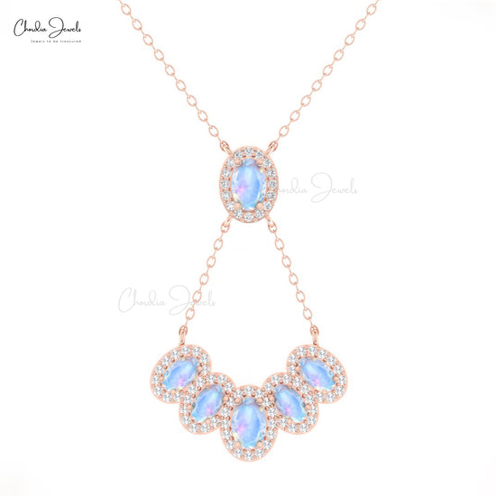 Multi Halo Rainbow Moonstone Necklace With G-H Diamond 14k Pure Gold Cluster Fine Jewelry