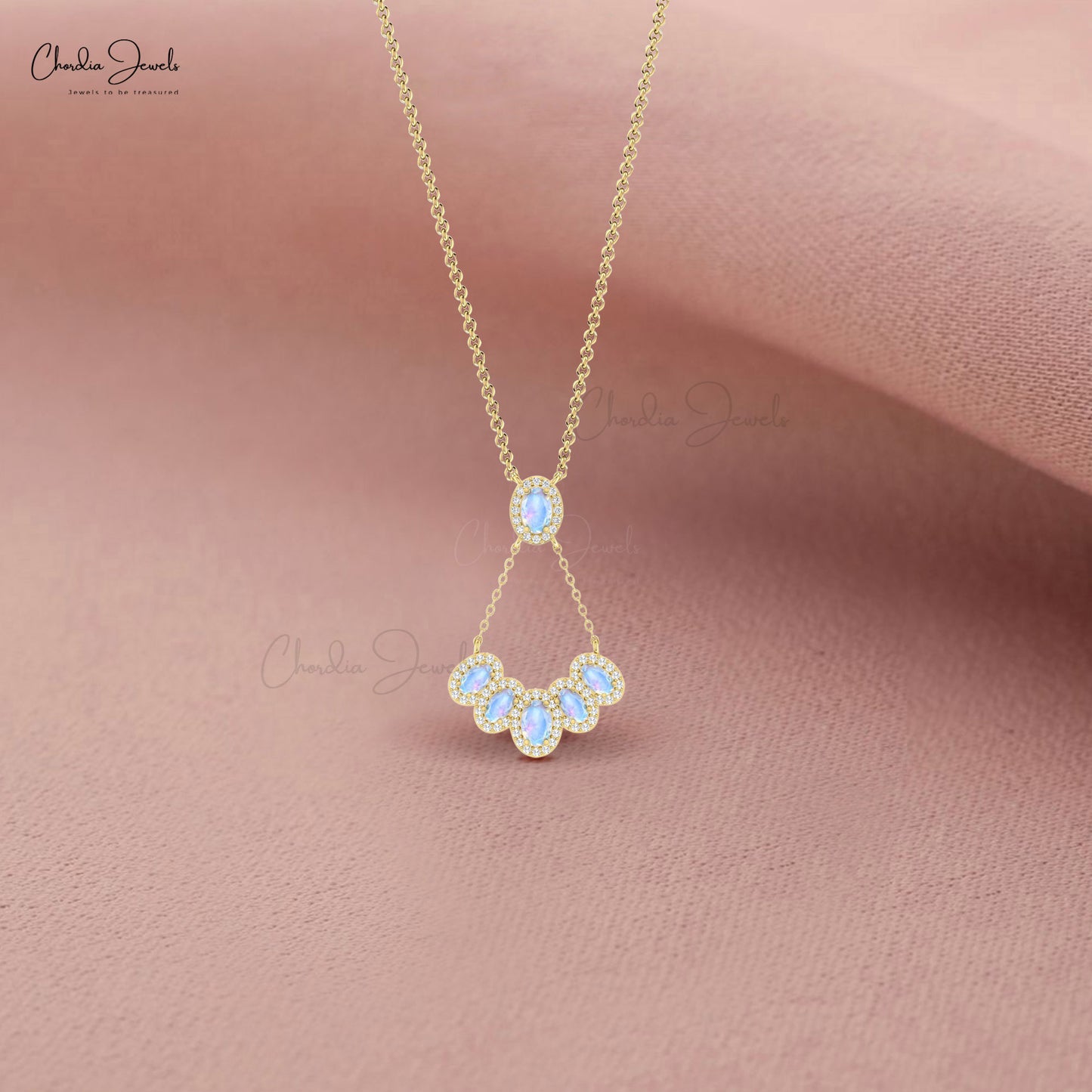 Multi Halo Rainbow Moonstone Necklace With G-H Diamond 14k Pure Gold Cluster Fine Jewelry