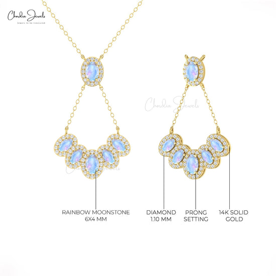 Multi Halo Rainbow Moonstone Necklace With G-H Diamond 14k Pure Gold Cluster Fine Jewelry