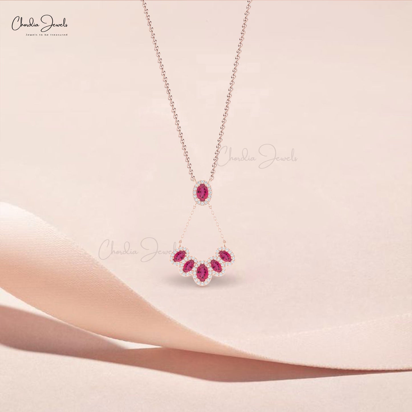 Oval Pink Tourmaline Cluster Necklace In 14k Real Gold Multi Halo Diamond Chain Necklaces