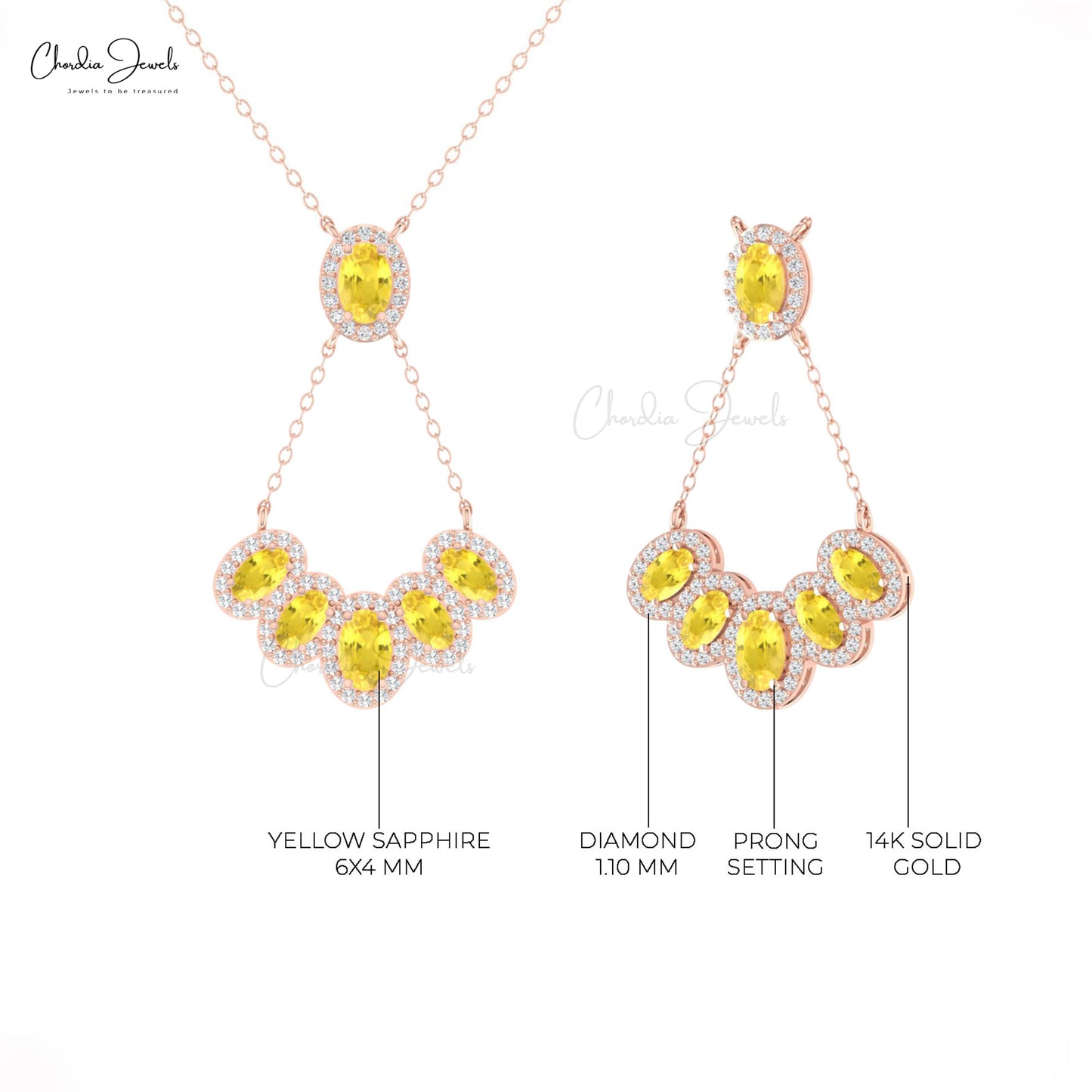 Genuine Yellow Sapphire Halo Necklace Diamond Pave Set 14k Solid Gold Chain Drop Pendant Necklace