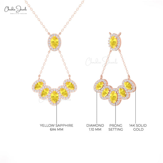 Genuine Yellow Sapphire Halo Necklace Diamond Pave Set 14k Solid Gold Chain Drop Pendant Necklace