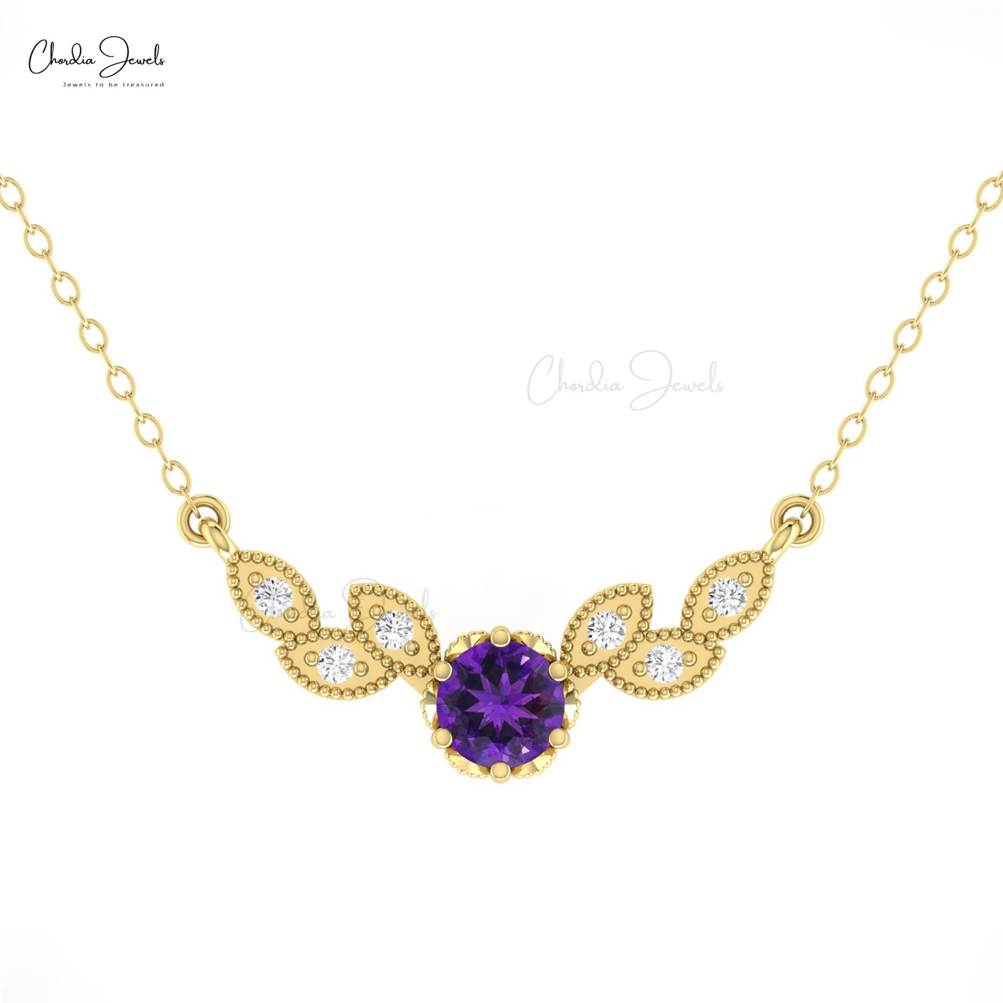 Real 14k Gold Gemstone Charm With 5mm Round Amethyst And Diamond Wings Necklace
