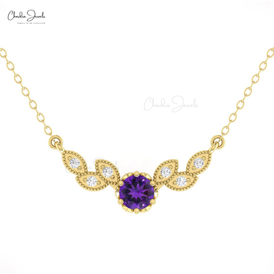 Real 14k Gold Gemstone Charm With 5mm Round Amethyst And Diamond Wings Necklace