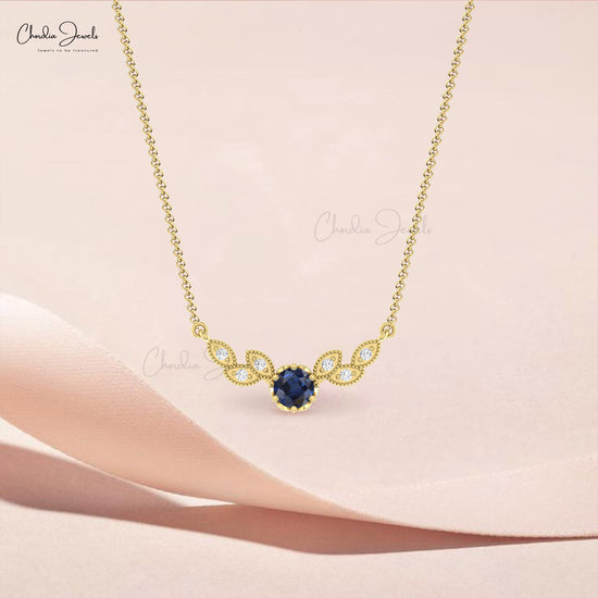 Solid 14k Gold Diamond Wings Necklace With 5mm Blue Sapphire Thin Chain Wedding Necklace