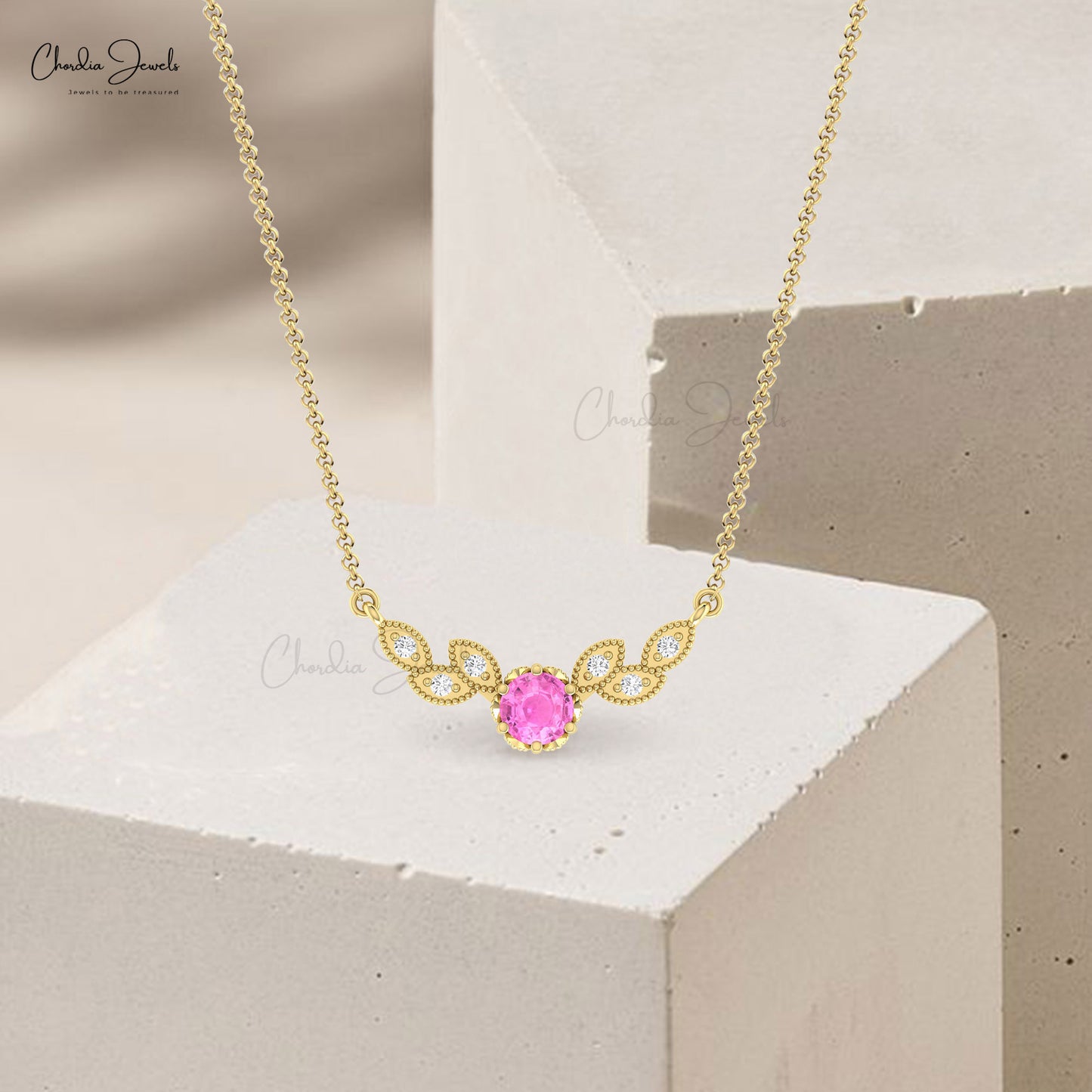Miligrain Floral Chain Necklace In 14k Pure Gold Pink Sapphire And Pave Diamond Necklaces