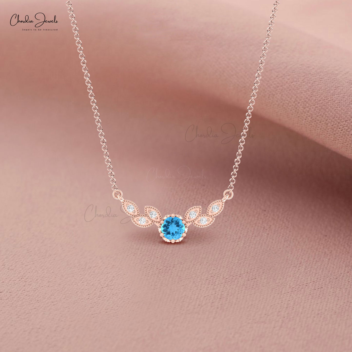 Natural Swiss Blue Topaz Floral Necklace In 14k Pure Gold Diamond Hallmark Wings Jewelry