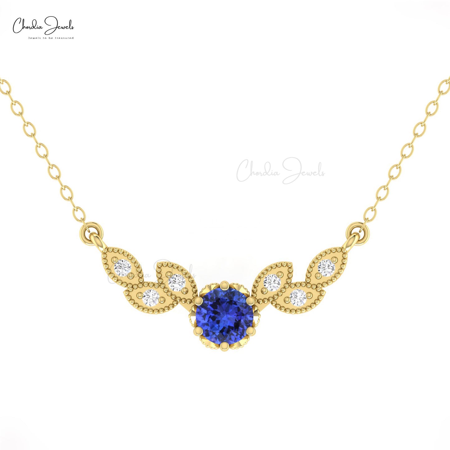 Miligrain Diamond Wings Necklace With 5mm Tanzanite 14k Solid Gold Chain Women Necklaces