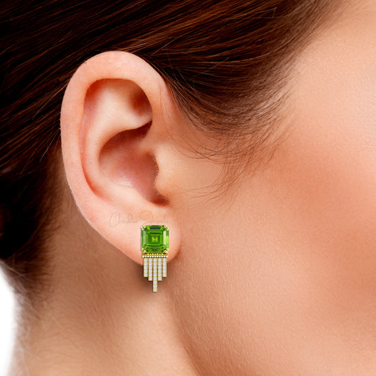 Solid 14k Diamond Bar Stud With 10mm Peridot August Birthstone Drop Bridal Earrings