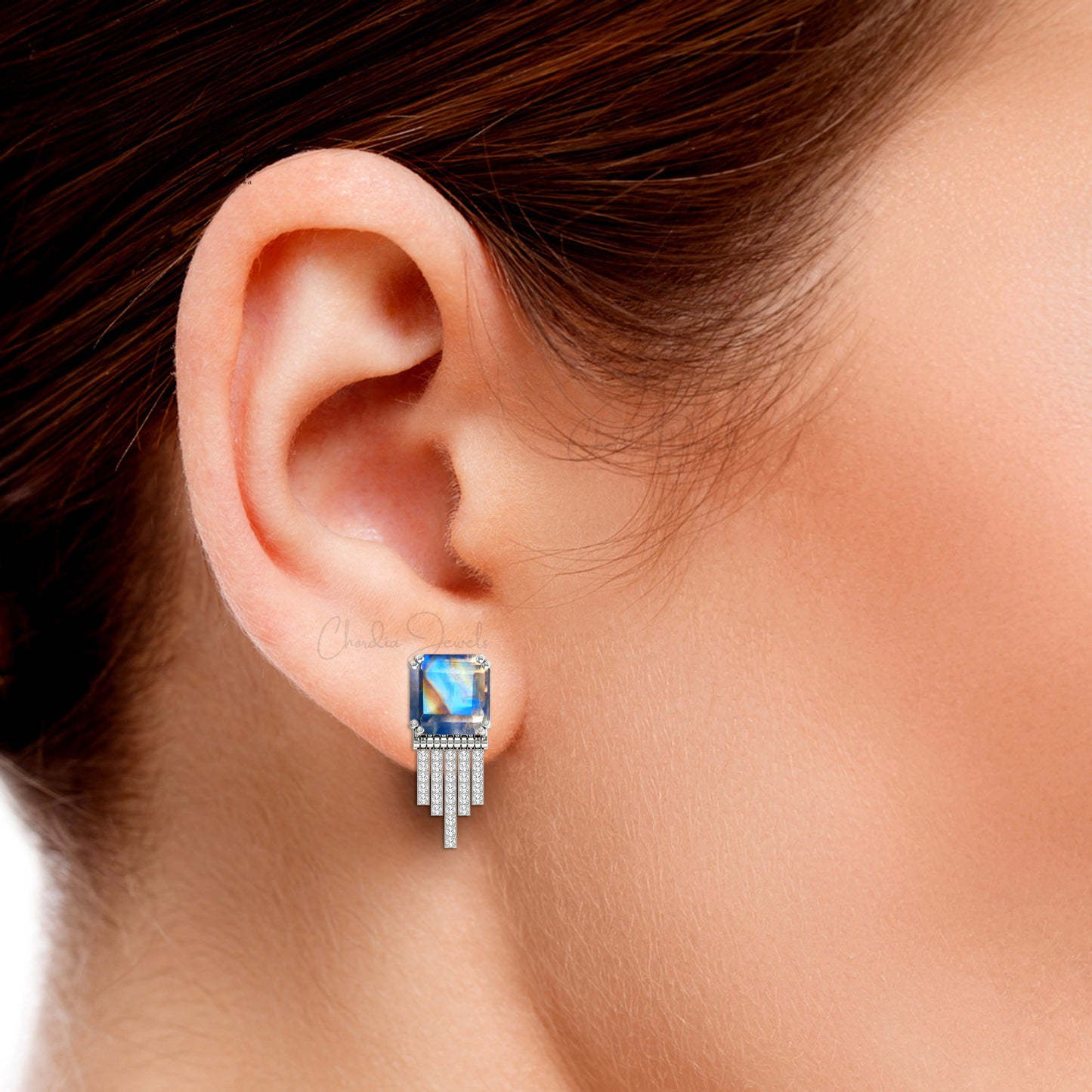 Drop Diamond Earrings With 10mm Rainbow Moonstone Prong Set In 14k Pure Gold Studs