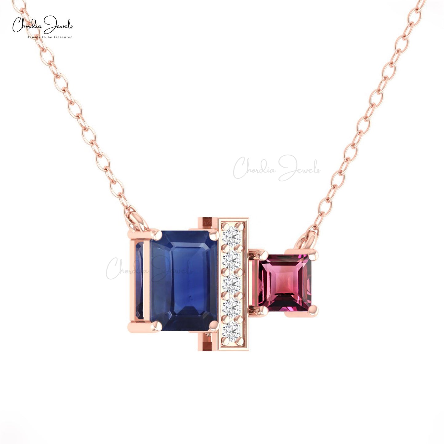 Two Stone Blue Sapphire & Tourmaline Necklace 14k Real Gold Diamond Accented Necklace