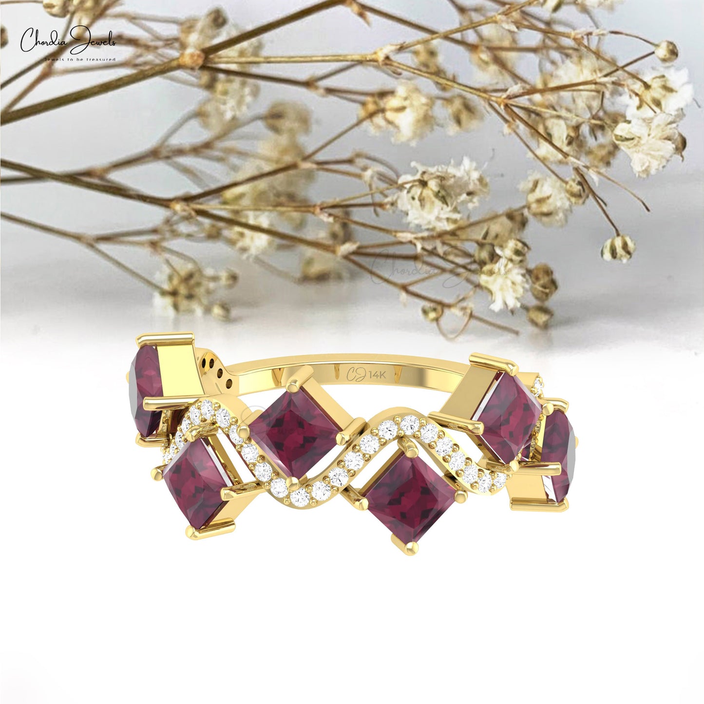Natural Rhodolite Garnet Half Eternity Band In 14k Solid Gold Diamond Cluster Women Ring