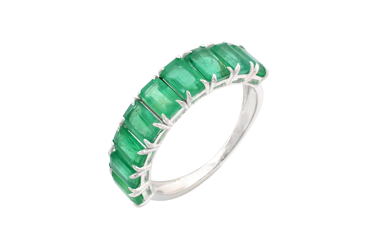 Half Eternity Wedding Band In 14k Real White Gold Zambian Emerald Gemstone Rings