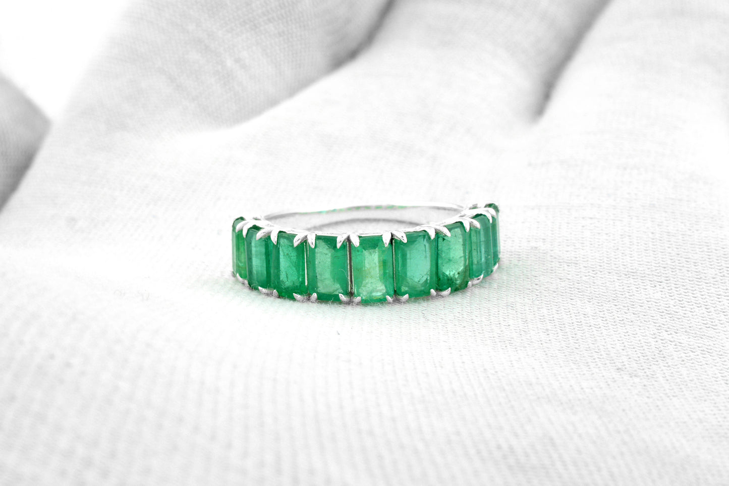 Half Eternity Wedding Band In 14k Real White Gold Zambian Emerald Gemstone Rings