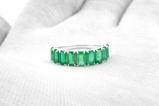 Half Eternity Wedding Band In 14k Real White Gold Zambian Emerald Gemstone Rings