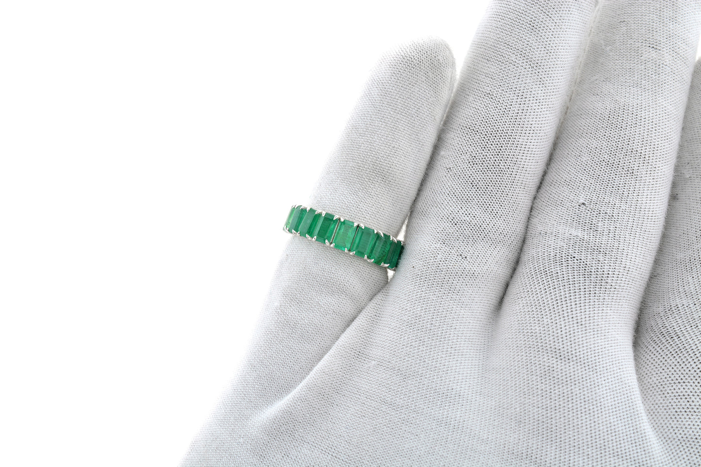 Half Eternity Wedding Band In 14k Real White Gold Zambian Emerald Gemstone Rings