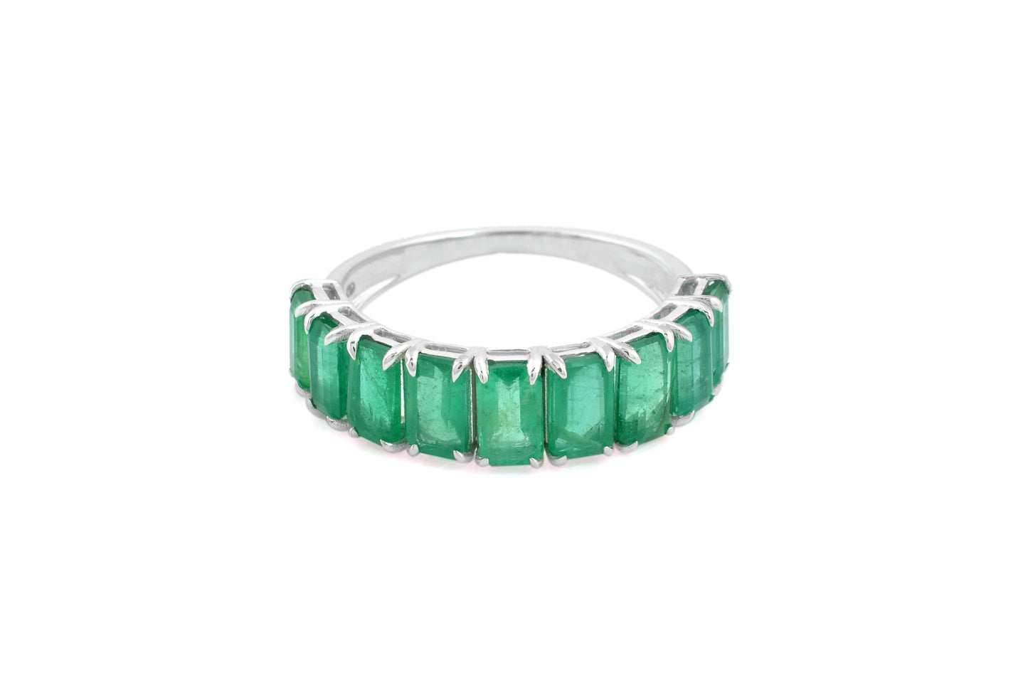 Half Eternity Wedding Band In 14k Real White Gold Zambian Emerald Gemstone Rings