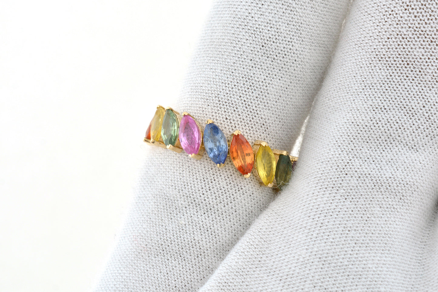 Rainbow Stacking Ring In 14k Pure Yellow Gold Multi Sapphire Marquise Eternity Band Rings