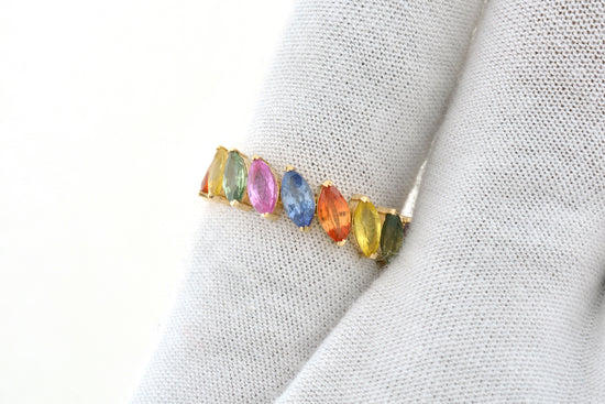 Rainbow Stacking Ring In 14k Pure Yellow Gold Multi Sapphire Marquise Eternity Band Rings