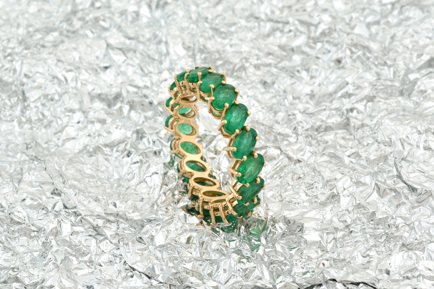 Oval Cut Eternity Band With 5x3mm Emerald May Birthstone 14k Real Yellow Gold Ring
