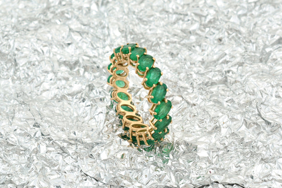 Oval Cut Eternity Band With 5x3mm Emerald May Birthstone 14k Real Yellow Gold Ring