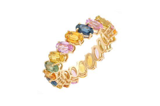 Full Eternity Rainbow Stone Band In 14k Yellow Gold Multi Sapphire 6 Ct Gemstone Stack Ring
