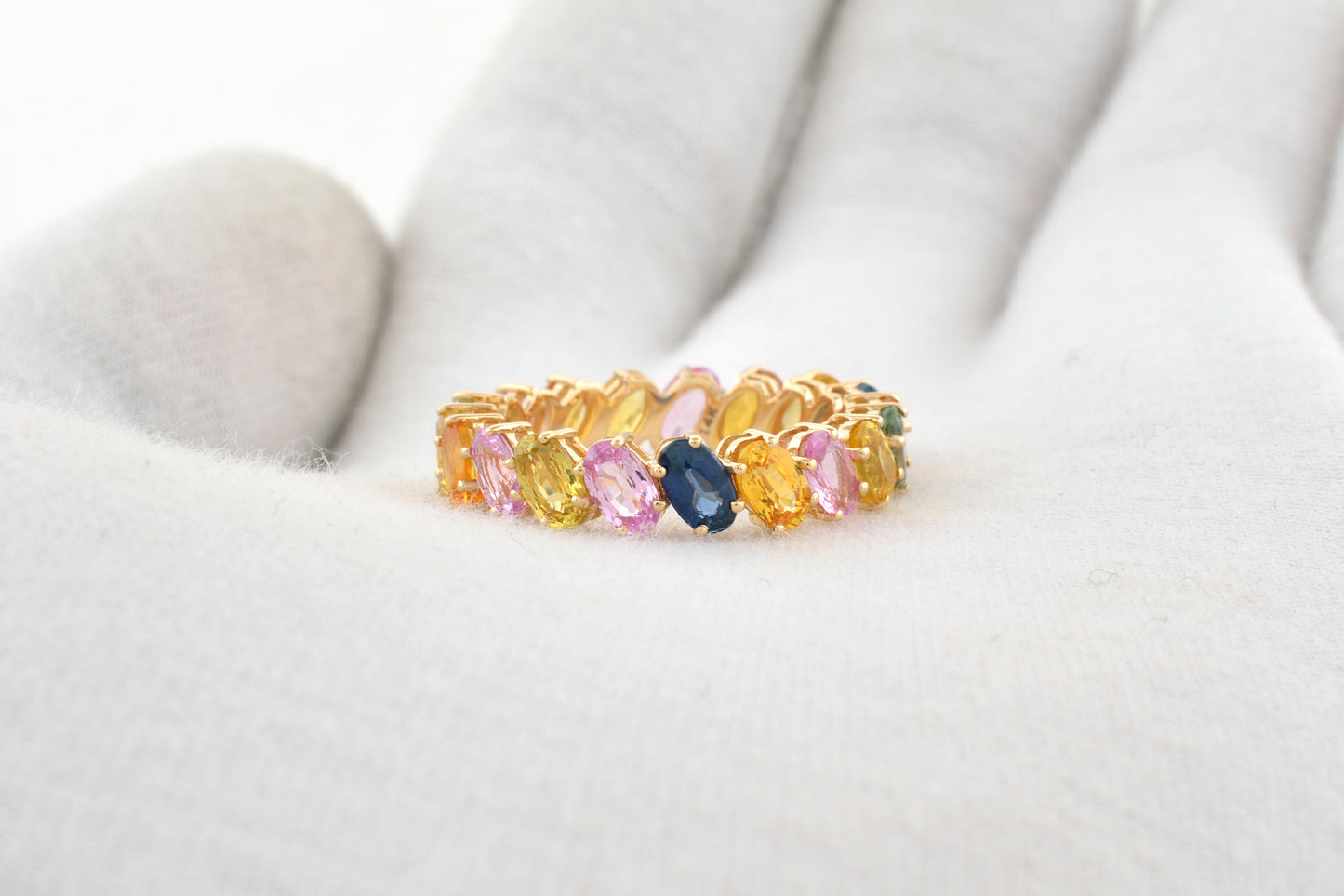 Full Eternity Rainbow Stone Band In 14k Yellow Gold Multi Sapphire 6 Ct Gemstone Stack Ring