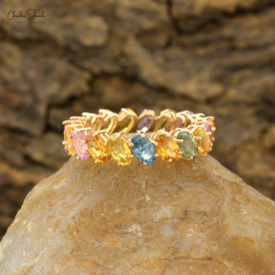 Rainbow Stone Stack Ring in Solid Yellow Gold