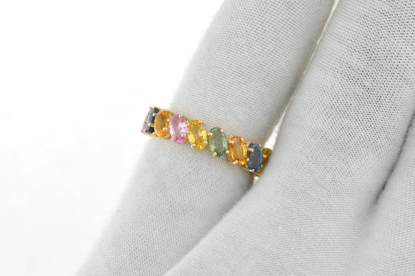 Full Eternity Rainbow Stone Band In 14k Yellow Gold Multi Sapphire 6 Ct Gemstone Stack Ring