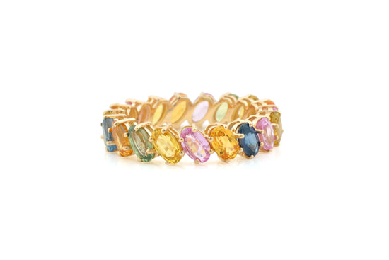 Full Eternity Rainbow Stone Band In 14k Yellow Gold Multi Sapphire 6 Ct Gemstone Stack Ring