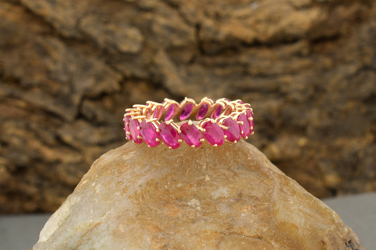 Natural Ruby Eternity Wedding Band In 14k Yellow Gold Oval 5x3mm Gemstone Fine Jewelry