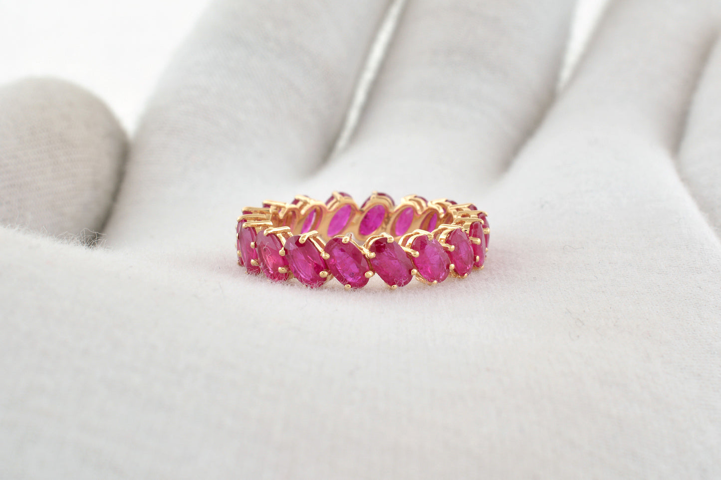 Natural Ruby Eternity Wedding Band In 14k Yellow Gold Oval 5x3mm Gemstone Fine Jewelry