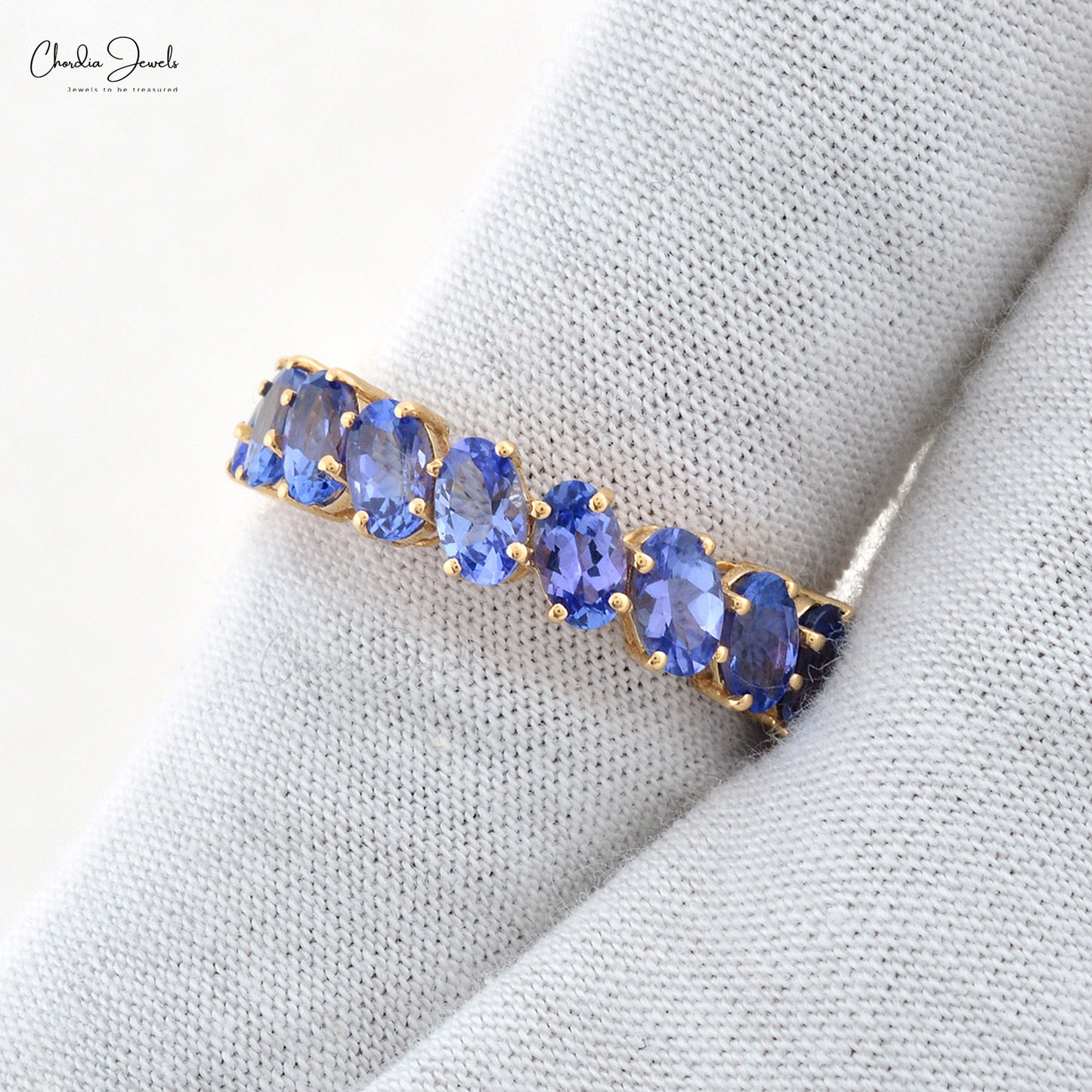 Load image into Gallery viewer, Natural Tanzanite Eternity Band 5x3mm Oval Cut Gemstone Thumb Ring 14k Solid Yellow Gold Dainty Engagement Ring
