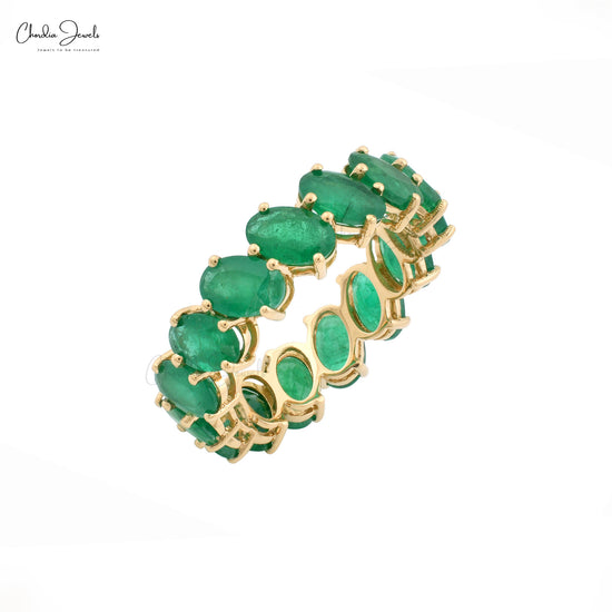 14k Gold Full Eternity Emerald Ring with 6x4mm Oval Cut Stones