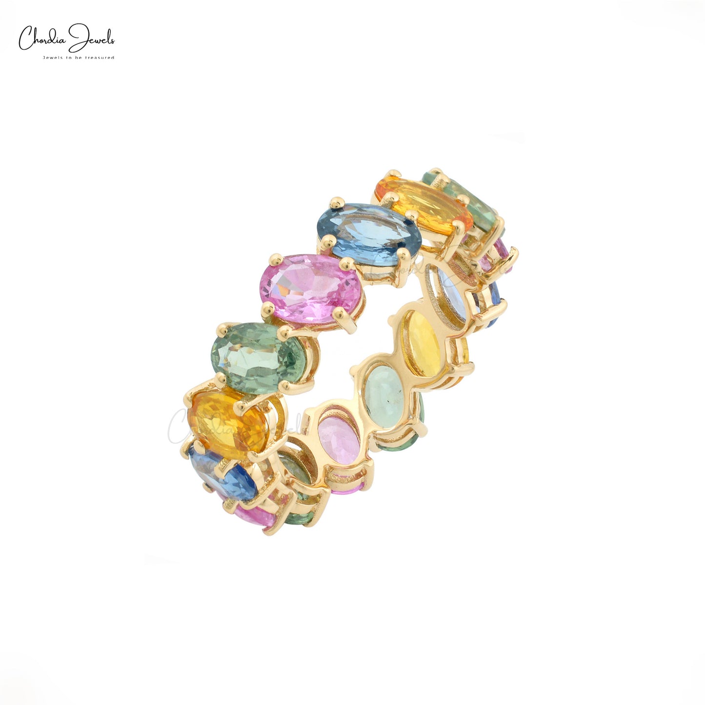 7.5 Ct Oval Rainbow Sapphire Wedding Band in 14k Yellow Gold