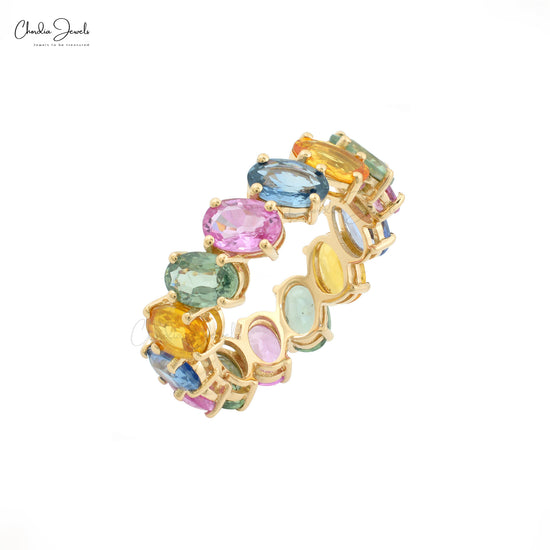 7.5 Ct Oval Rainbow Sapphire Wedding Band in 14k Yellow Gold
