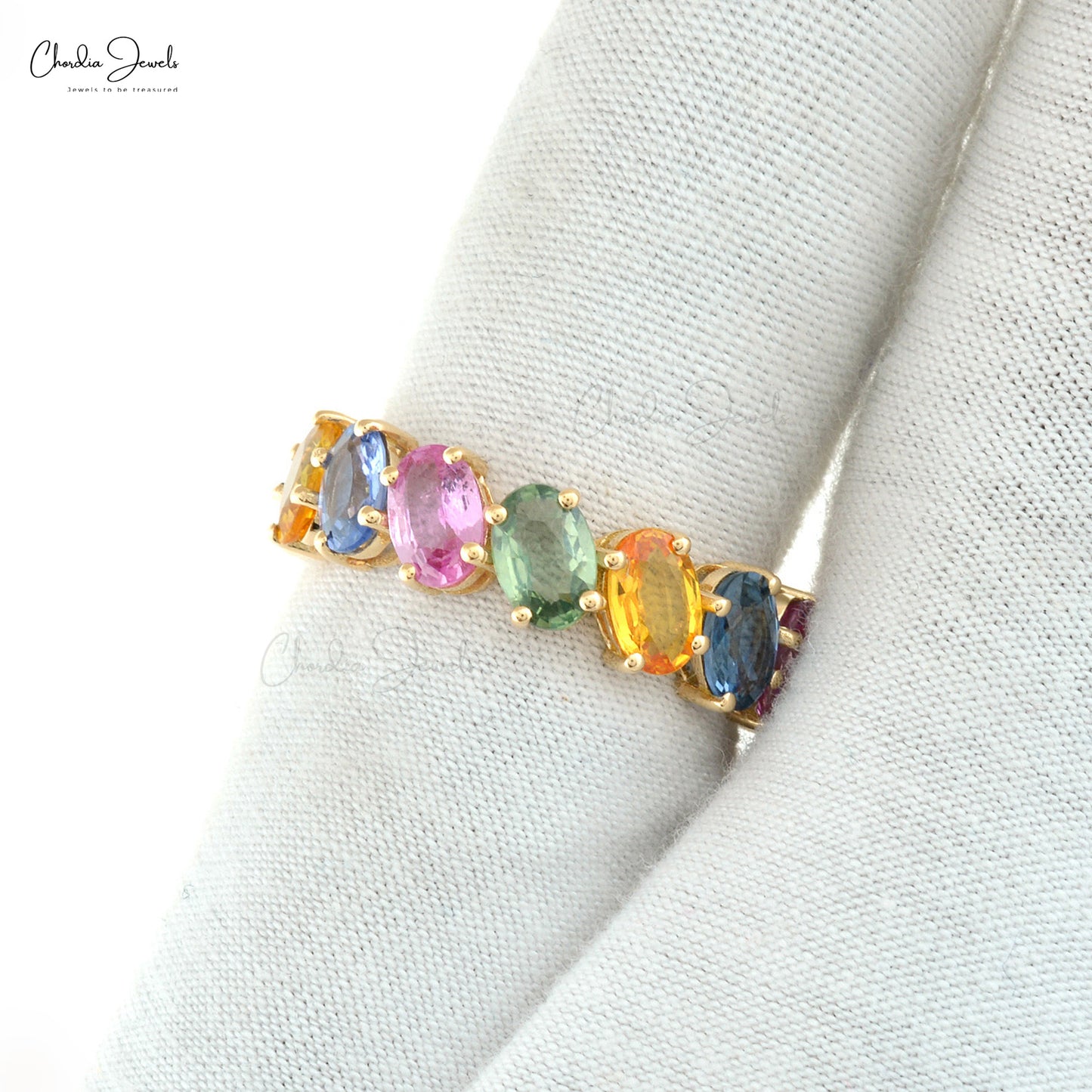 Vibrant Rainbow Sapphire Eternity Ring – 14k Gold Jewelry