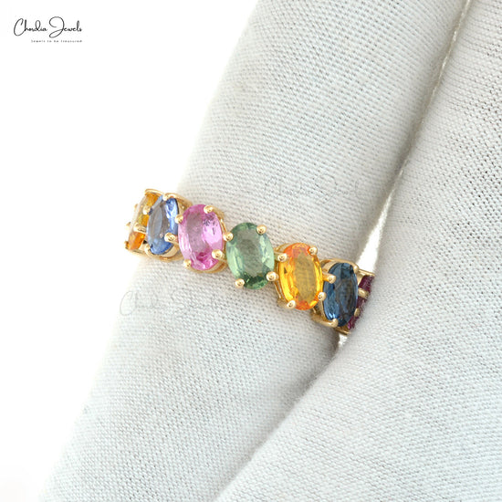 Vibrant Rainbow Sapphire Eternity Ring – 14k Gold Jewelry