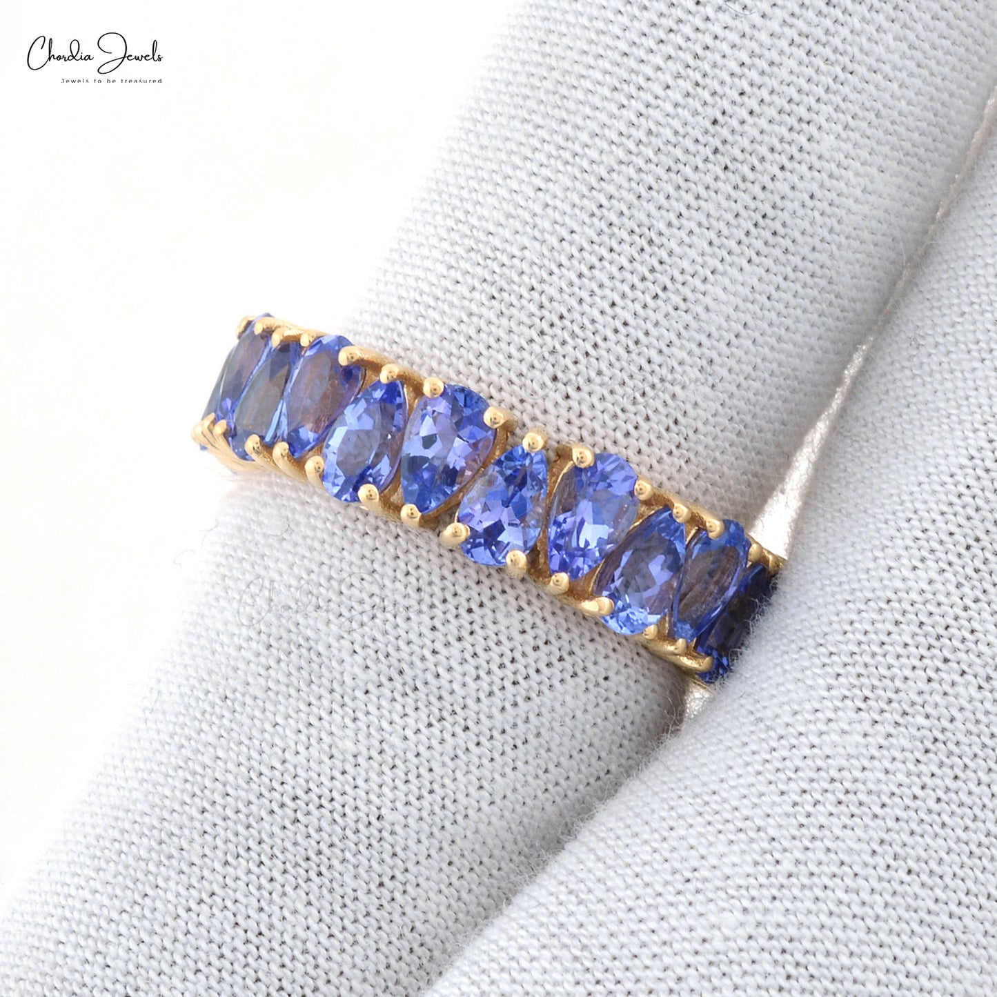 AAA Tanzanite 5x3mm Pear Cut Natural Gemstone Eternity Band 14k Real Yellow Gold Hallmarked Jewelry For Wedding Gift