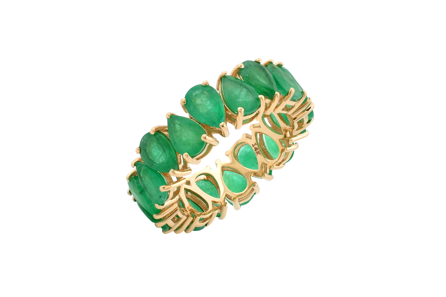Natural Emerald Full Eternity Ring In 14k Yellow Gold Pear Cut Hallmarked Fine Jewelry