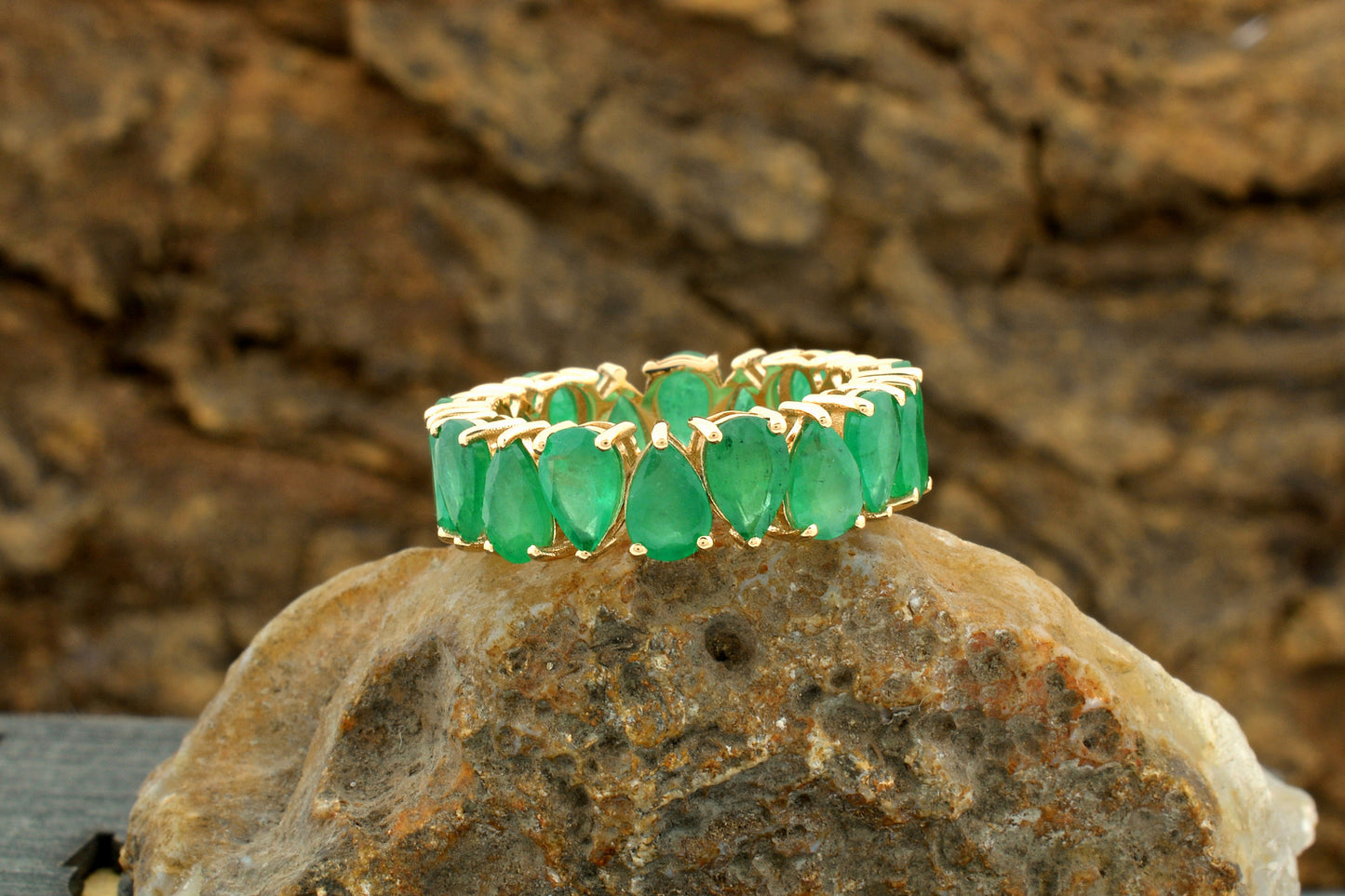 Natural Emerald Full Eternity Ring In 14k Yellow Gold Pear Cut Hallmarked Fine Jewelry