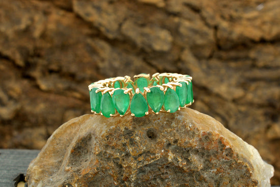 Natural Emerald Full Eternity Ring In 14k Yellow Gold Pear Cut Hallmarked Fine Jewelry