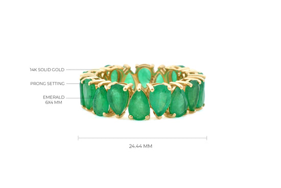 Natural Emerald Full Eternity Ring In 14k Yellow Gold Pear Cut Hallmarked Fine Jewelry