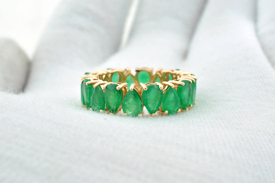 Natural Emerald Full Eternity Ring In 14k Yellow Gold Pear Cut Hallmarked Fine Jewelry
