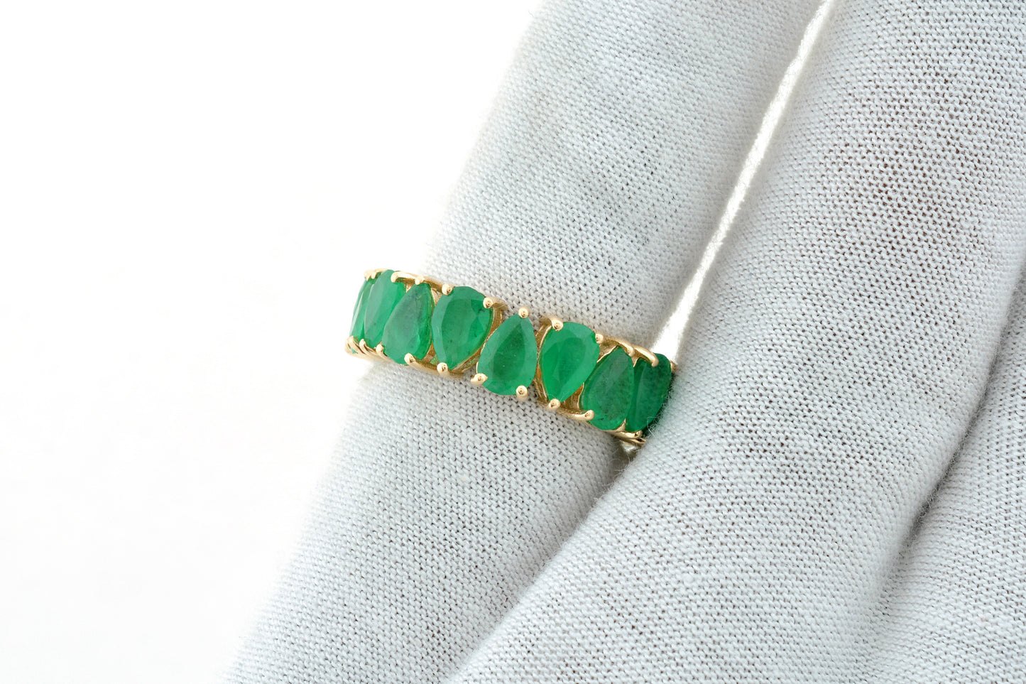 Natural Emerald Full Eternity Ring In 14k Yellow Gold Pear Cut Hallmarked Fine Jewelry