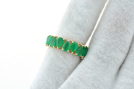 Natural Emerald Full Eternity Ring In 14k Yellow Gold Pear Cut Hallmarked Fine Jewelry