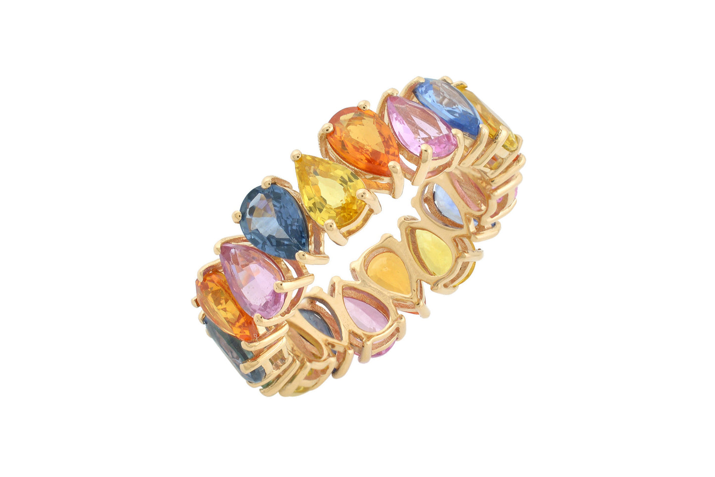 Rainbow Eternity Band In 14k Yellow Gold Multi Sapphire 6x4mm Pear Cut Gemstone Ring