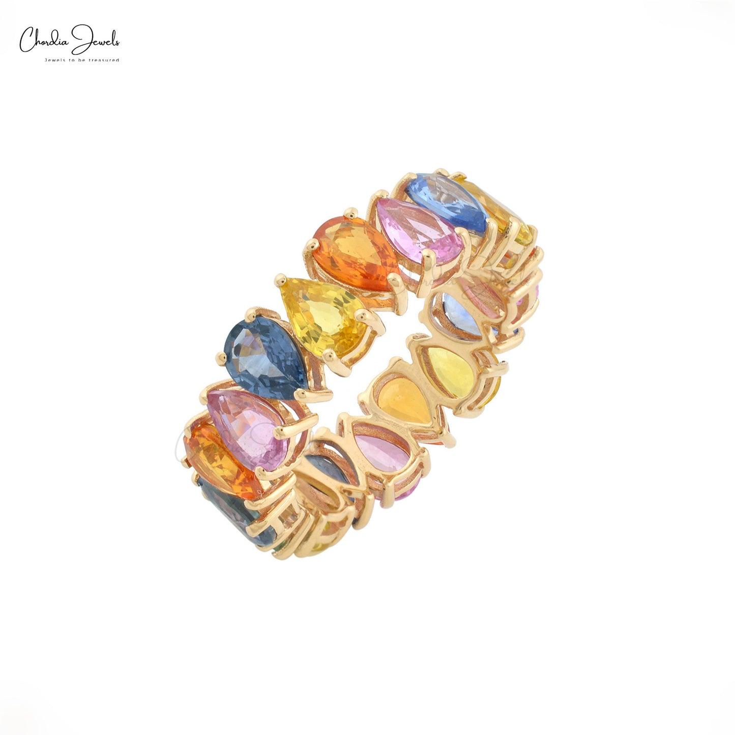 Multi Sapphire 6x4mm Pear Cut Gemstone Eternity Band For Her September Birthstone Jewelry in 14k Solid Yellow Gold