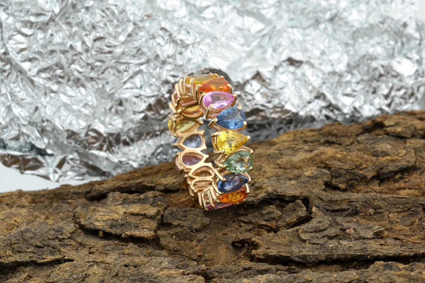 Rainbow Eternity Band In 14k Yellow Gold Multi Sapphire 6x4mm Pear Cut Gemstone Ring