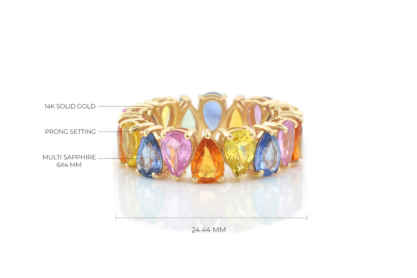 Rainbow Eternity Band In 14k Yellow Gold Multi Sapphire 6x4mm Pear Cut Gemstone Ring